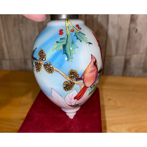 Bent Brush Art Signed Hand-Painted Cardinal Poinsettia Glass Christmas Ornament - Picture 4 of 10